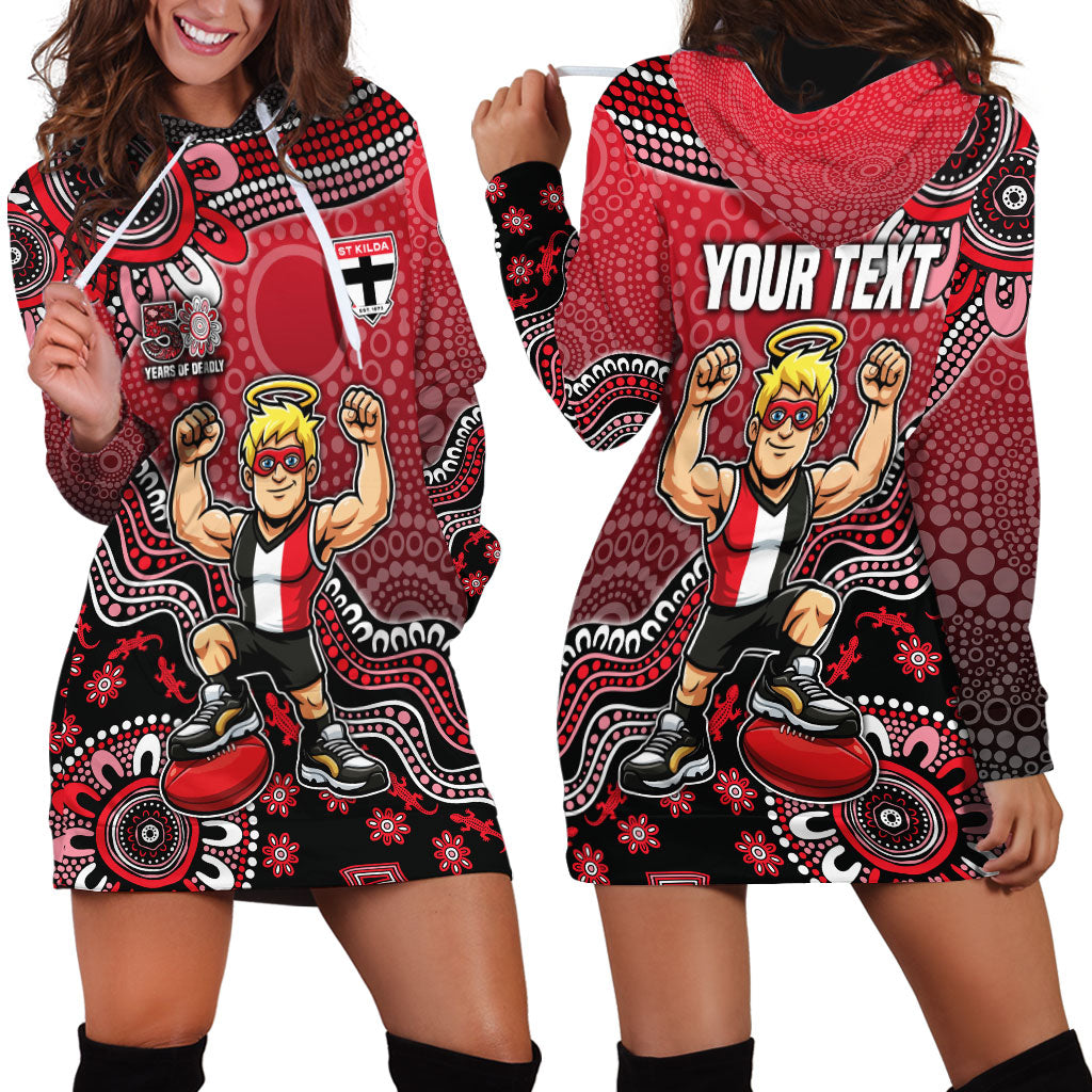 Personalized St Kilda Saints Football Mascot Hoodie Dress Aboriginal Dot Art Style Vibrant Indigenous Pattern Design