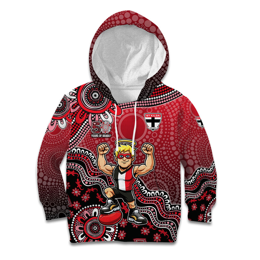 Personalized St Kilda Saints Football Mascot Kid Hoodie Aboriginal Dot Art Style Vibrant Indigenous Pattern Design