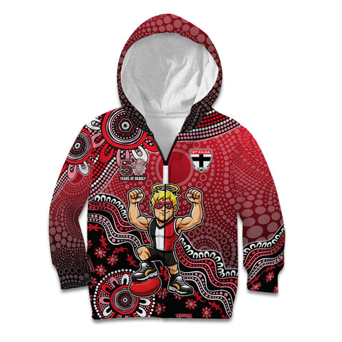 Personalized St Kilda Saints Football Mascot Kid Hoodie Aboriginal Dot Art Style Vibrant Indigenous Pattern Design