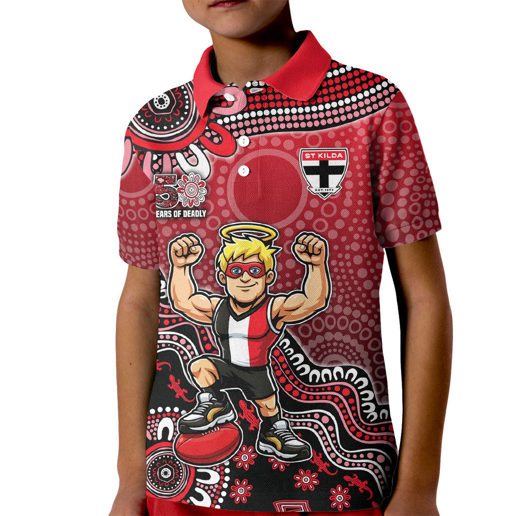 Personalized St Kilda Saints Football Mascot Kid Polo Shirt Aboriginal Dot Art Style Vibrant Indigenous Pattern Design