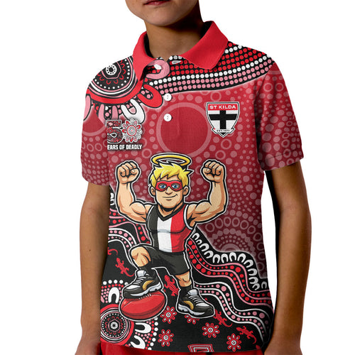 Personalized St Kilda Saints Football Mascot Kid Polo Shirt Aboriginal Dot Art Style Vibrant Indigenous Pattern Design