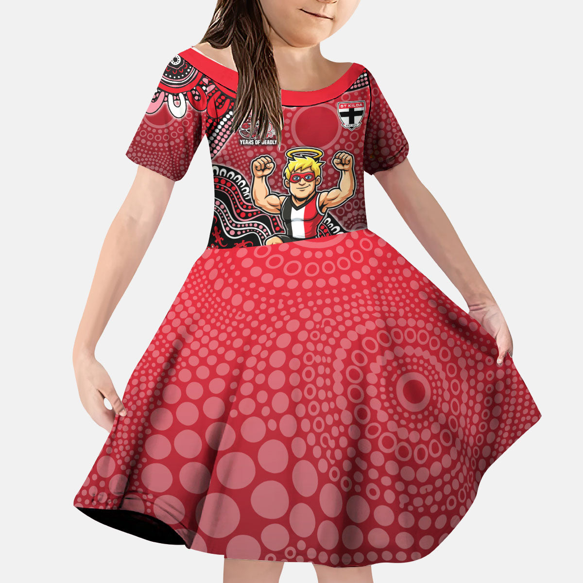 Personalized St Kilda Saints Football Mascot Kid Short Sleeve Dress Aboriginal Dot Art Style Vibrant Indigenous Pattern Design