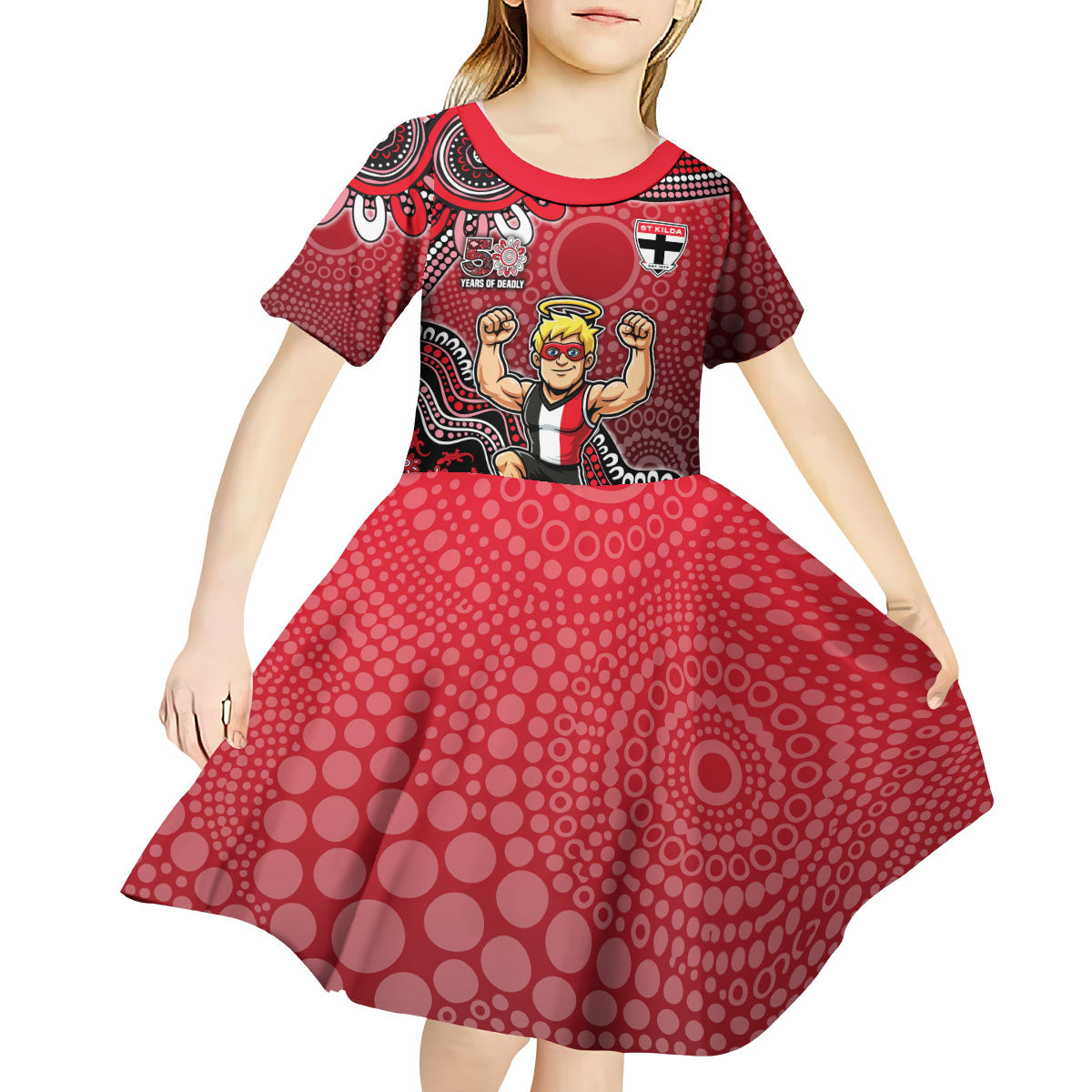 Personalized St Kilda Saints Football Mascot Kid Short Sleeve Dress Aboriginal Dot Art Style Vibrant Indigenous Pattern Design
