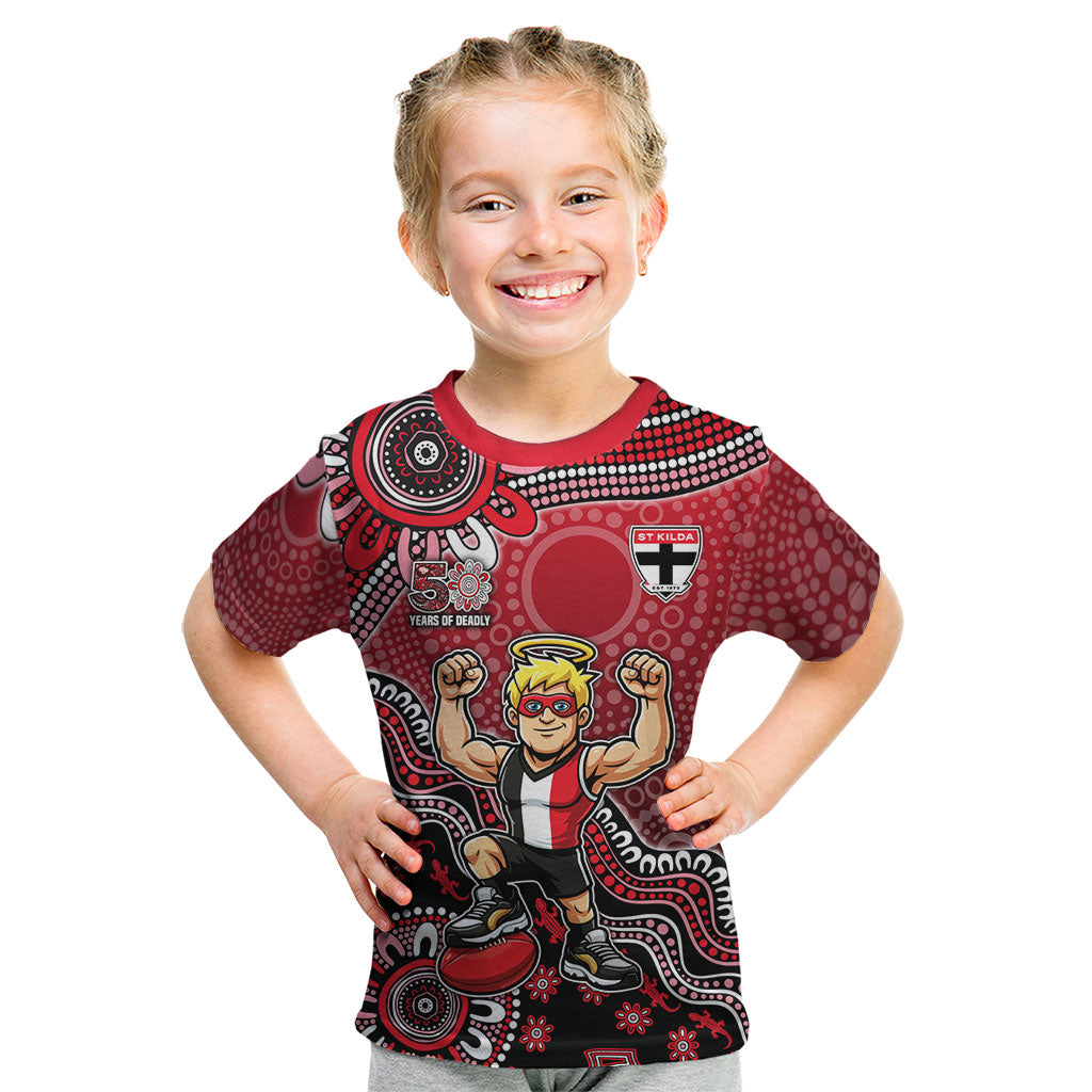 Personalized St Kilda Saints Football Mascot Kid T Shirt Aboriginal Dot Art Style Vibrant Indigenous Pattern Design