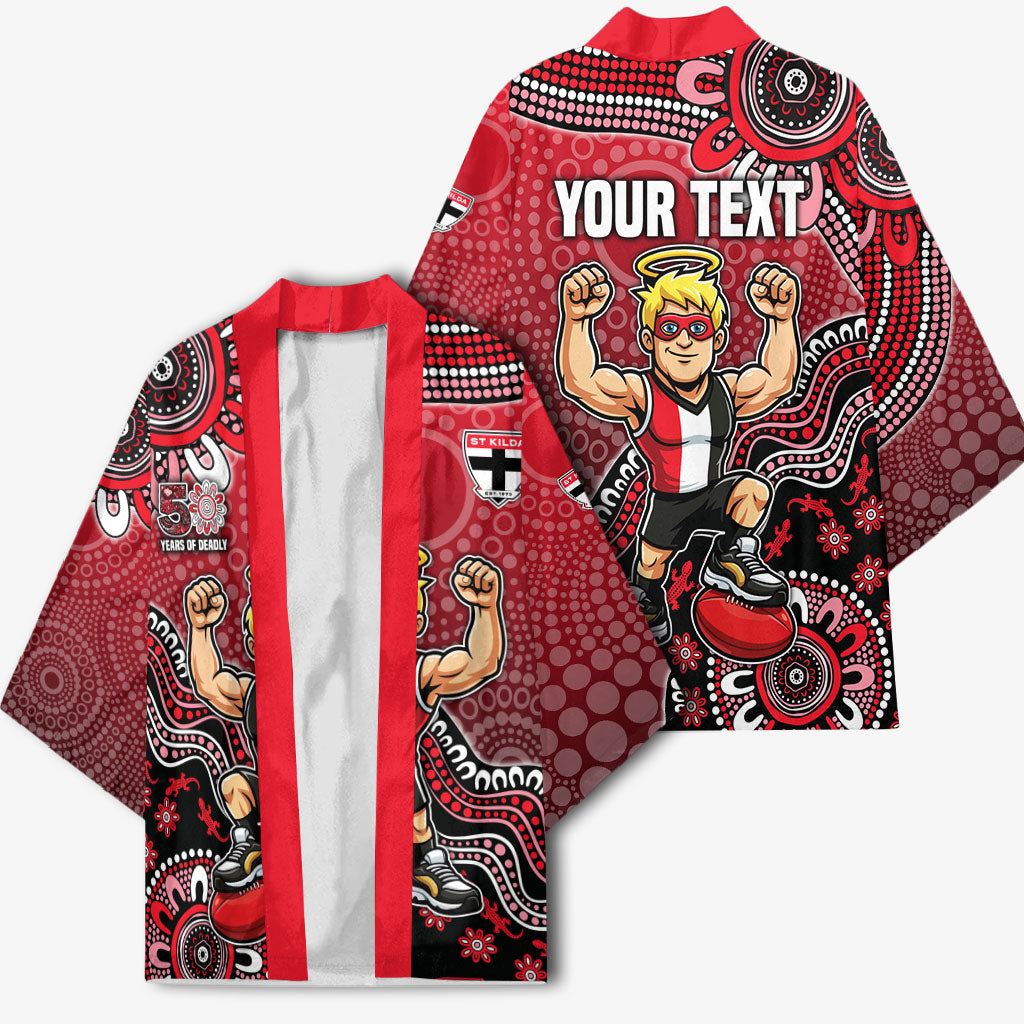 Personalized St Kilda Saints Football Mascot Kimono Aboriginal Dot Art Style Vibrant Indigenous Pattern Design