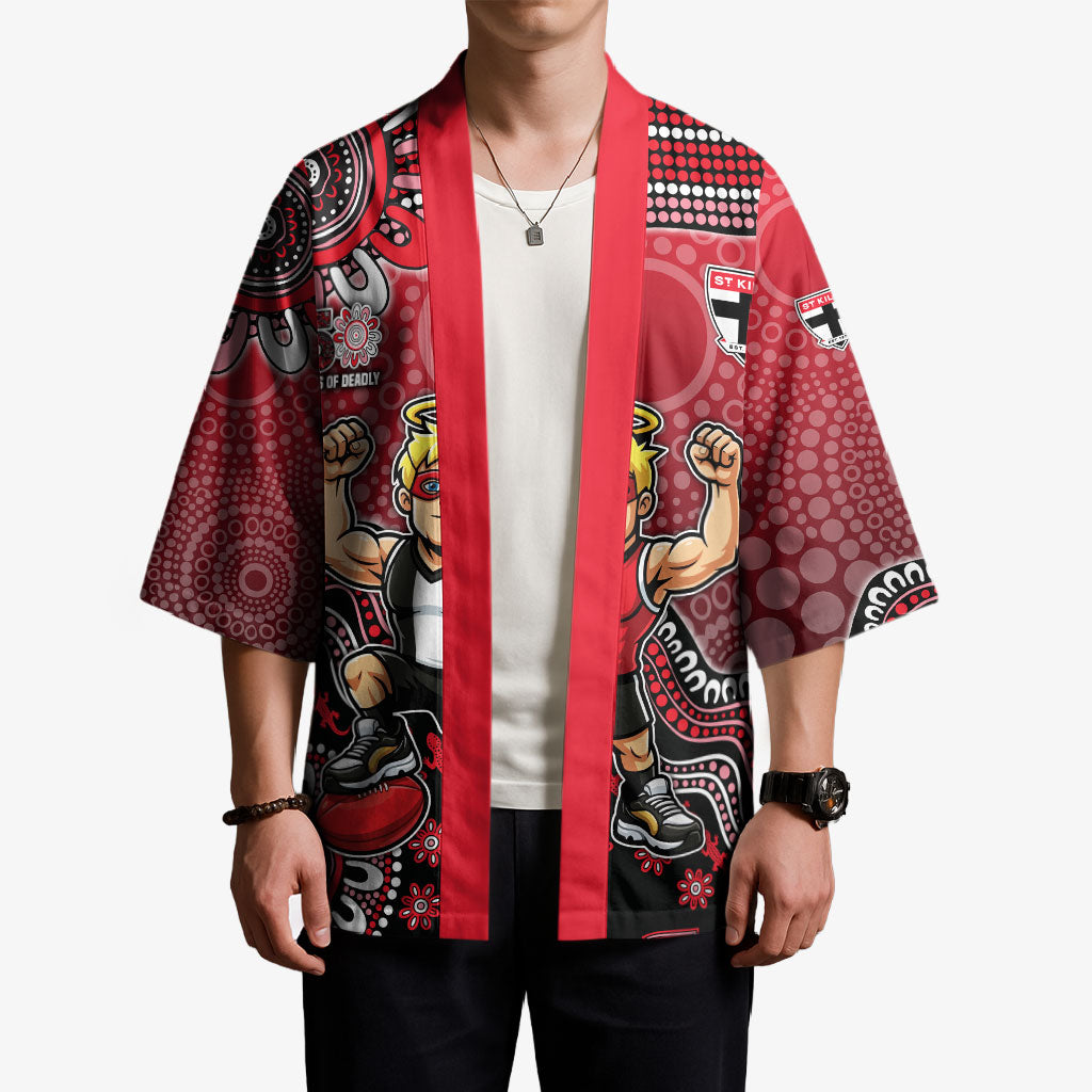 Personalized St Kilda Saints Football Mascot Kimono Aboriginal Dot Art Style Vibrant Indigenous Pattern Design