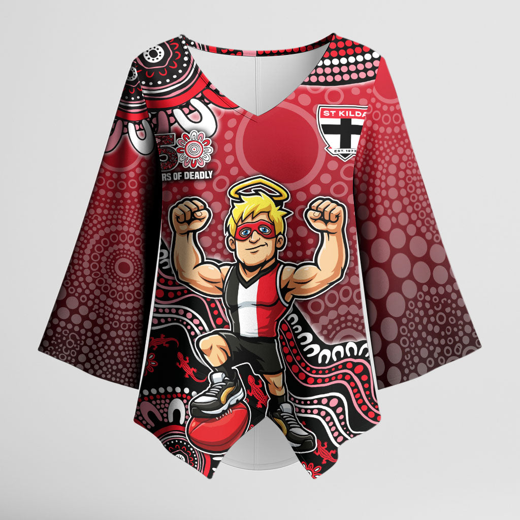 Personalized St Kilda Saints Football Mascot Kimono Sleeve Blouse Aboriginal Dot Art Style Vibrant Indigenous Pattern Design