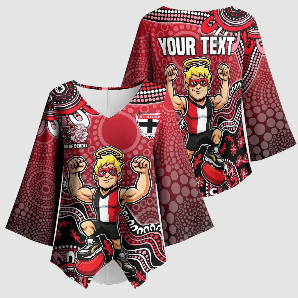 Personalized St Kilda Saints Football Mascot Kimono Sleeve Blouse Aboriginal Dot Art Style Vibrant Indigenous Pattern Design