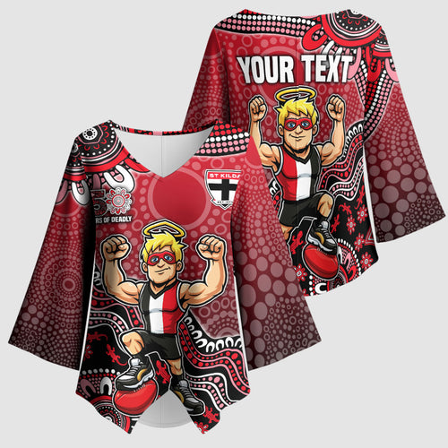 Personalized St Kilda Saints Football Mascot Kimono Sleeve Blouse Aboriginal Dot Art Style Vibrant Indigenous Pattern Design