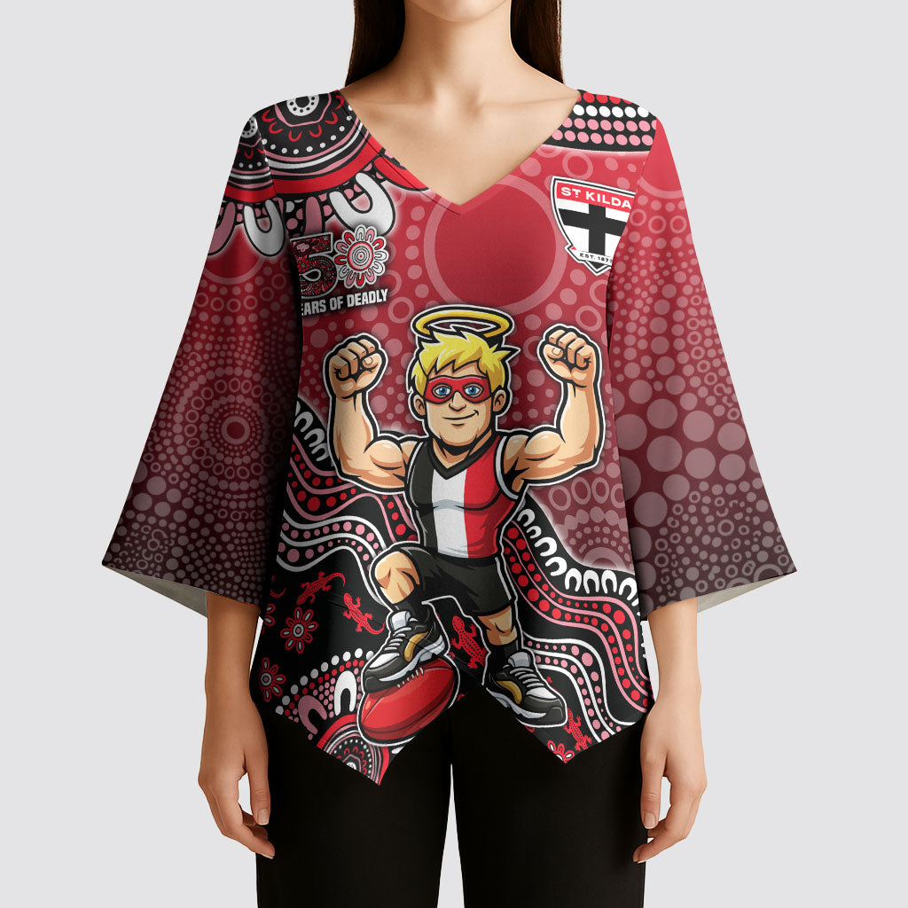 Personalized St Kilda Saints Football Mascot Kimono Sleeve Blouse Aboriginal Dot Art Style Vibrant Indigenous Pattern Design
