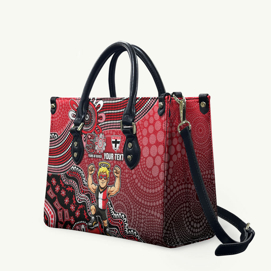 Personalized St Kilda Saints Football Mascot Leather Bag Aboriginal Dot Art Style Vibrant Indigenous Pattern Design