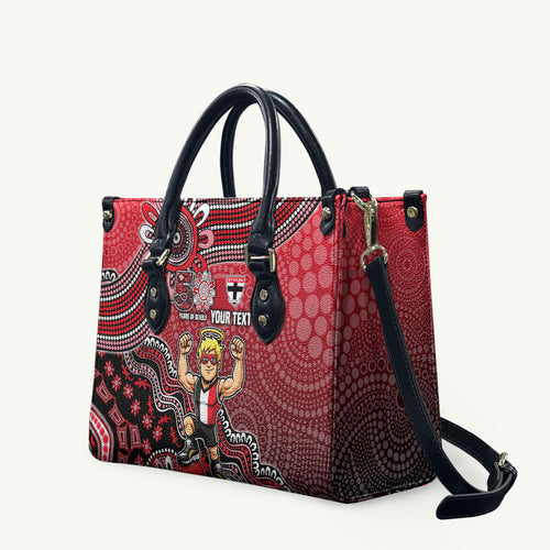 Personalized St Kilda Saints Football Mascot Leather Bag Aboriginal Dot Art Style Vibrant Indigenous Pattern Design