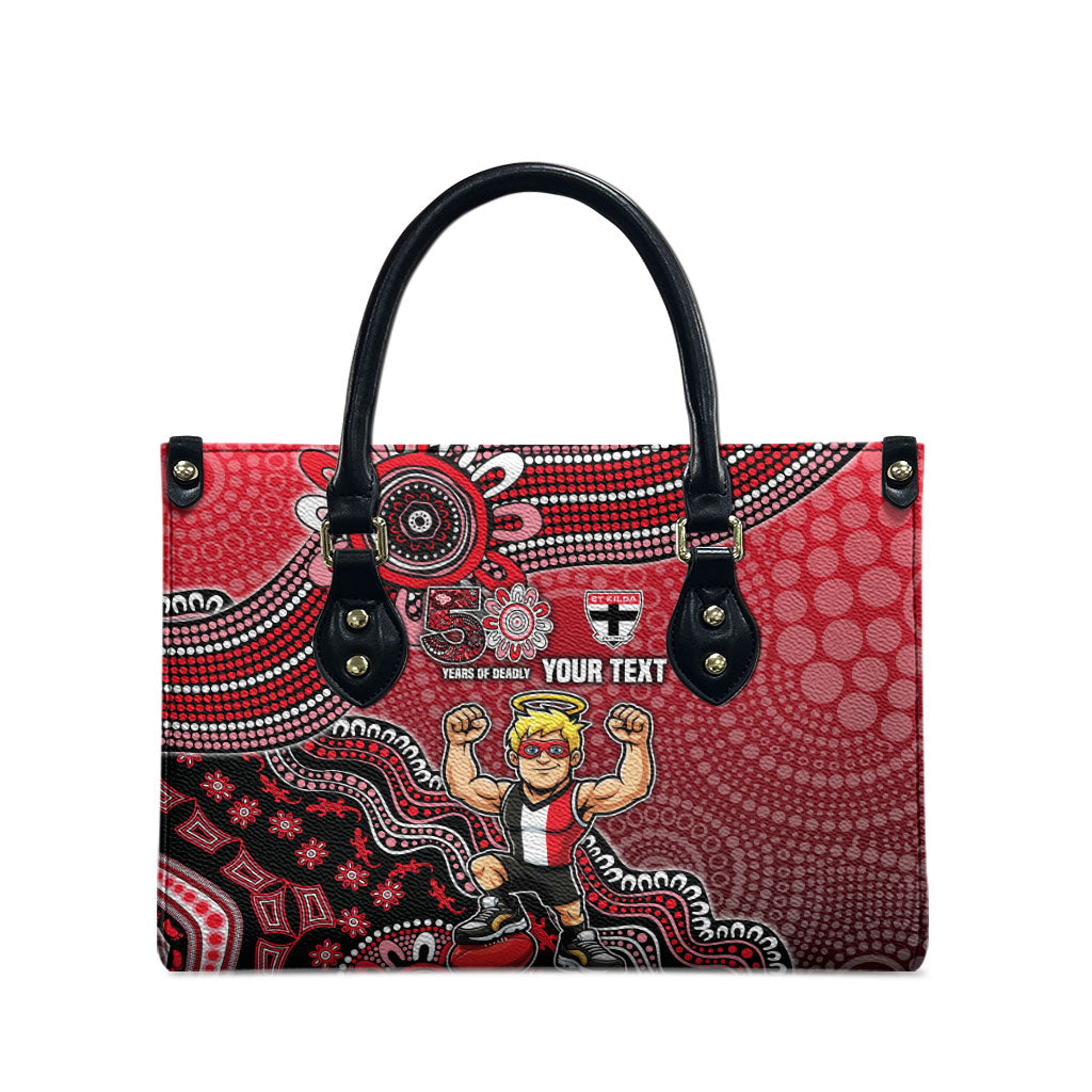 Personalized St Kilda Saints Football Mascot Leather Bag Aboriginal Dot Art Style Vibrant Indigenous Pattern Design