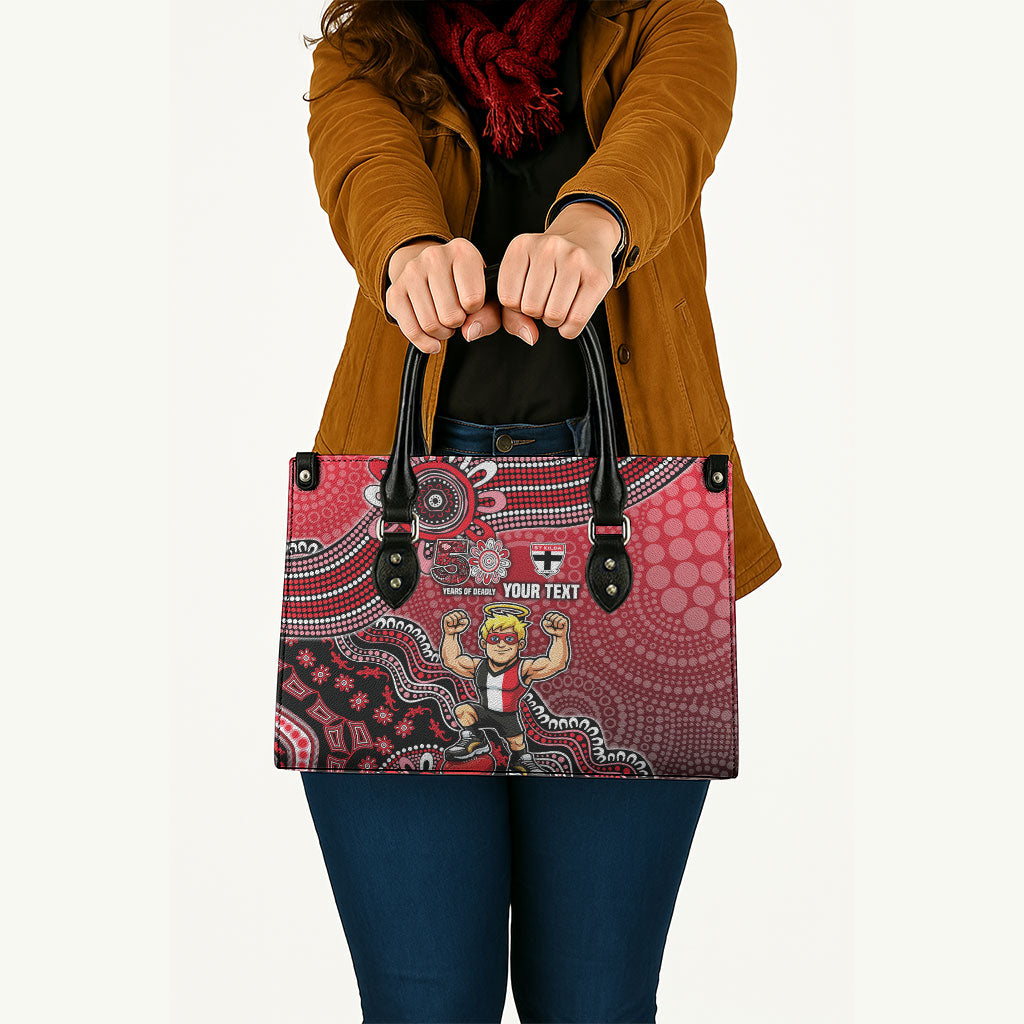 Personalized St Kilda Saints Football Mascot Leather Bag Aboriginal Dot Art Style Vibrant Indigenous Pattern Design