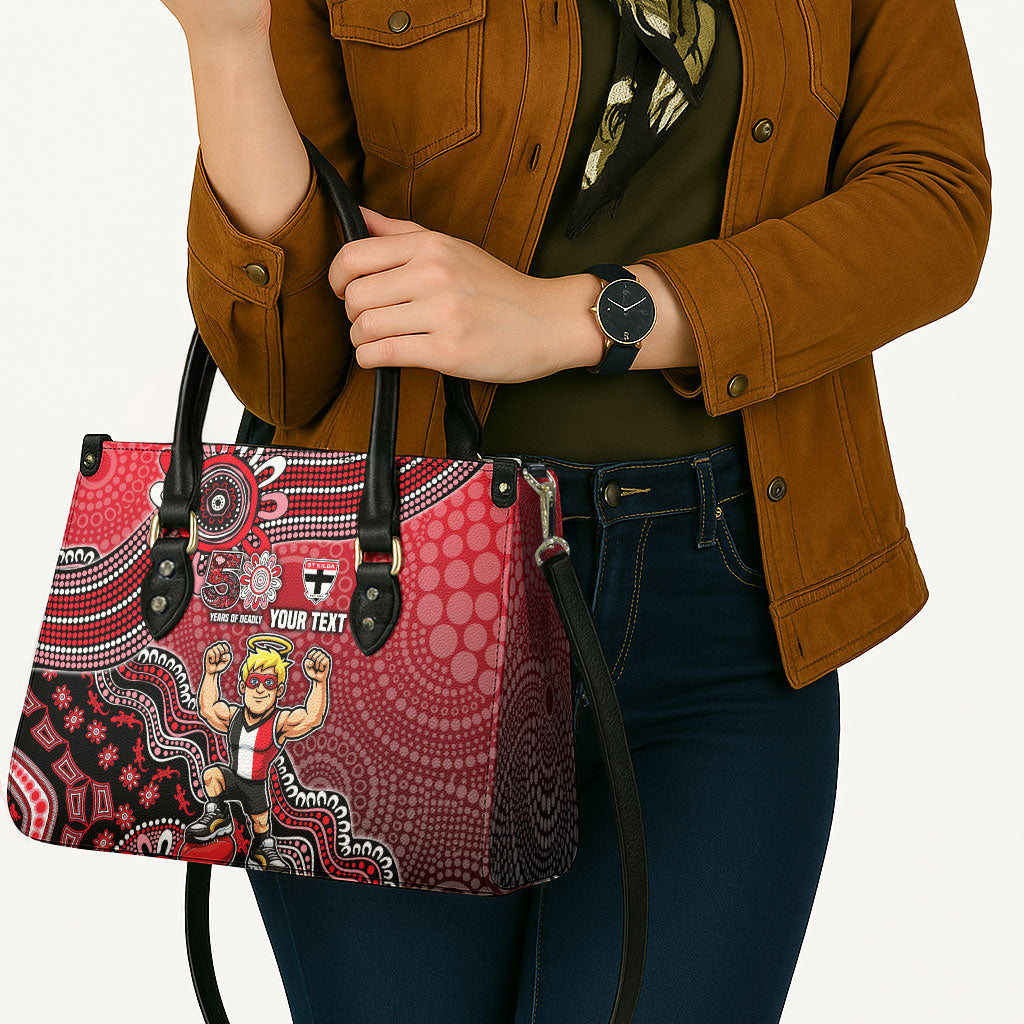 Personalized St Kilda Saints Football Mascot Leather Bag Aboriginal Dot Art Style Vibrant Indigenous Pattern Design