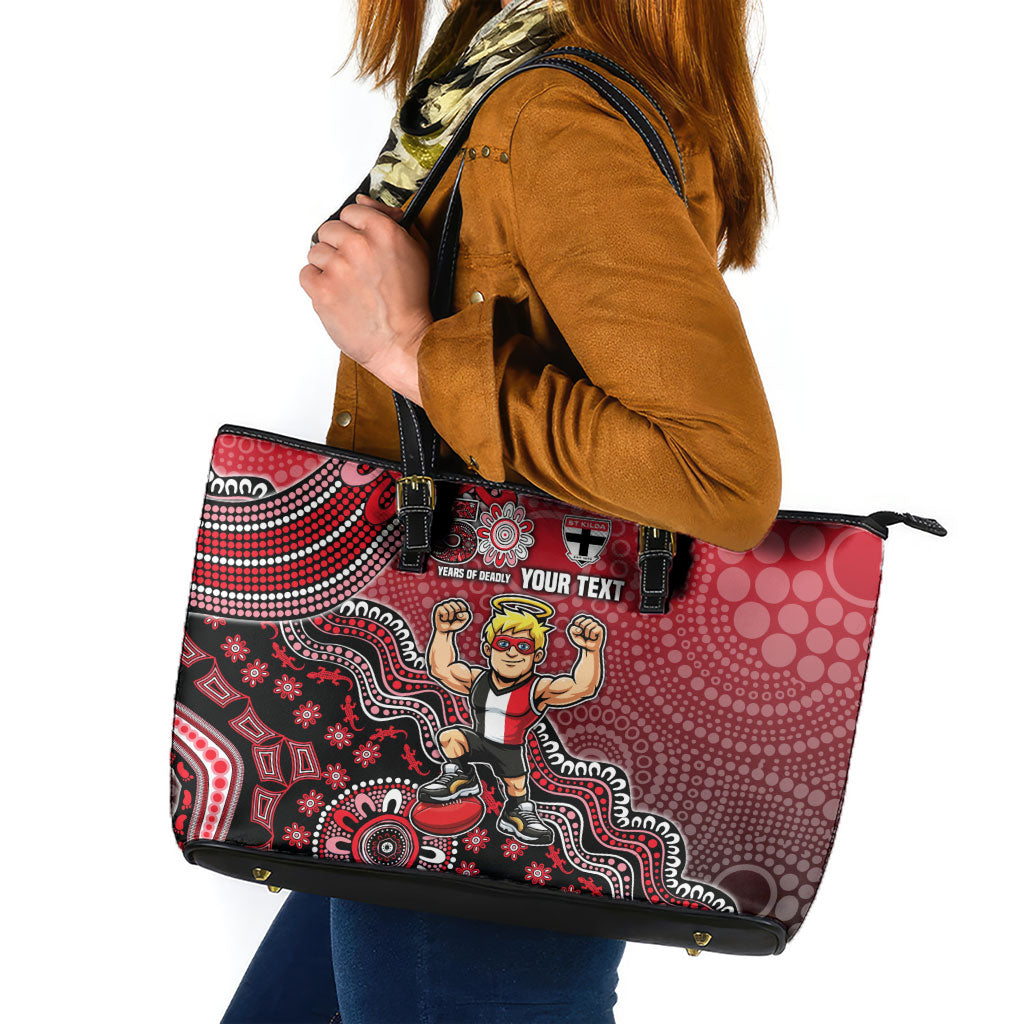 Personalized St Kilda Saints Football Mascot Leather Tote Bag Aboriginal Dot Art Style Vibrant Indigenous Pattern Design