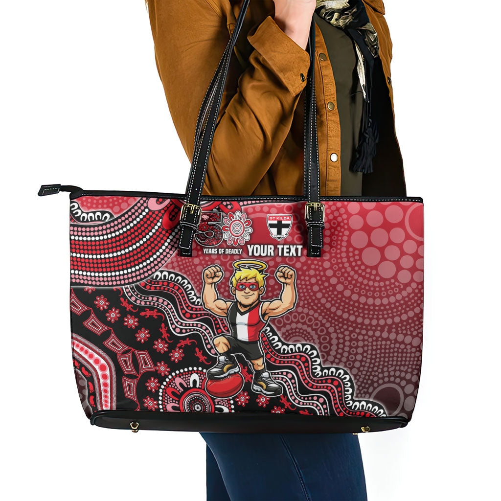 Personalized St Kilda Saints Football Mascot Leather Tote Bag Aboriginal Dot Art Style Vibrant Indigenous Pattern Design