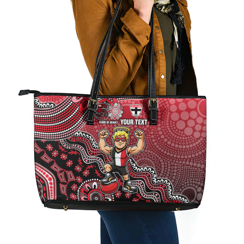 Personalized St Kilda Saints Football Mascot Leather Tote Bag Aboriginal Dot Art Style Vibrant Indigenous Pattern Design