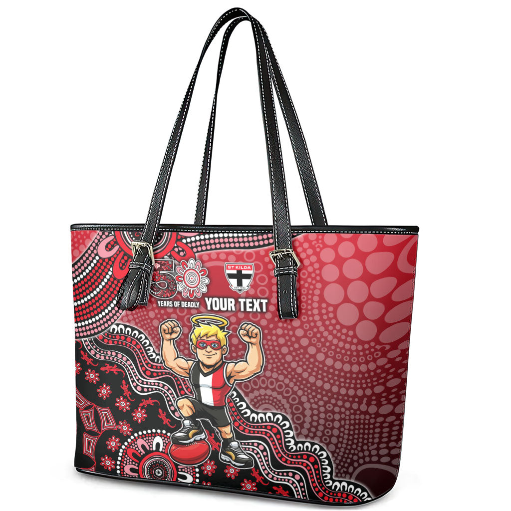 Personalized St Kilda Saints Football Mascot Leather Tote Bag Aboriginal Dot Art Style Vibrant Indigenous Pattern Design