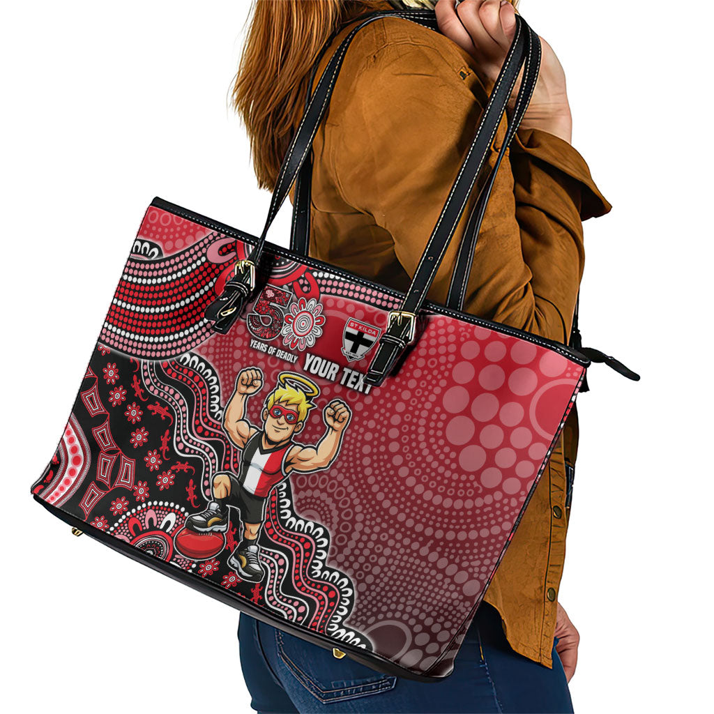 Personalized St Kilda Saints Football Mascot Leather Tote Bag Aboriginal Dot Art Style Vibrant Indigenous Pattern Design