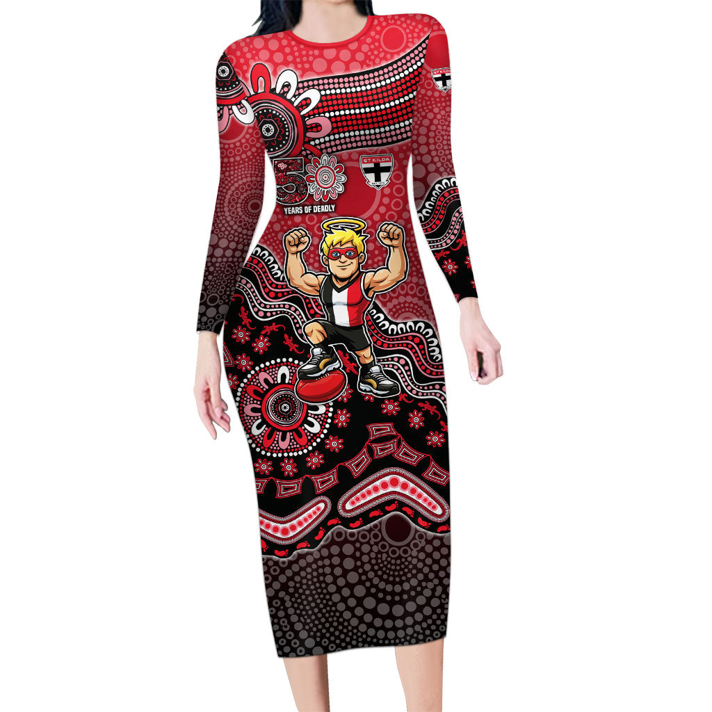 Personalized St Kilda Saints Football Mascot Long Sleeve Bodycon Dress Aboriginal Dot Art Style Vibrant Indigenous Pattern Design