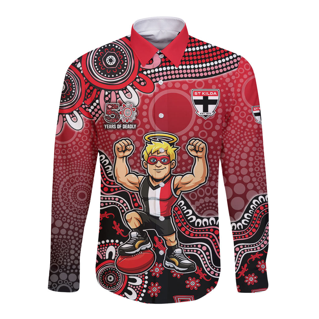 Personalized St Kilda Saints Football Mascot Long Sleeve Button Shirt Aboriginal Dot Art Style Vibrant Indigenous Pattern Design