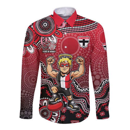 Personalized St Kilda Saints Football Mascot Long Sleeve Button Shirt Aboriginal Dot Art Style Vibrant Indigenous Pattern Design