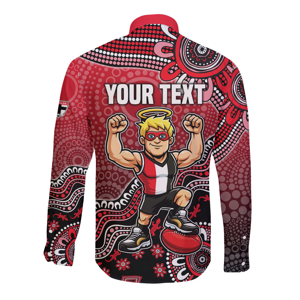 Personalized St Kilda Saints Football Mascot Long Sleeve Button Shirt Aboriginal Dot Art Style Vibrant Indigenous Pattern Design