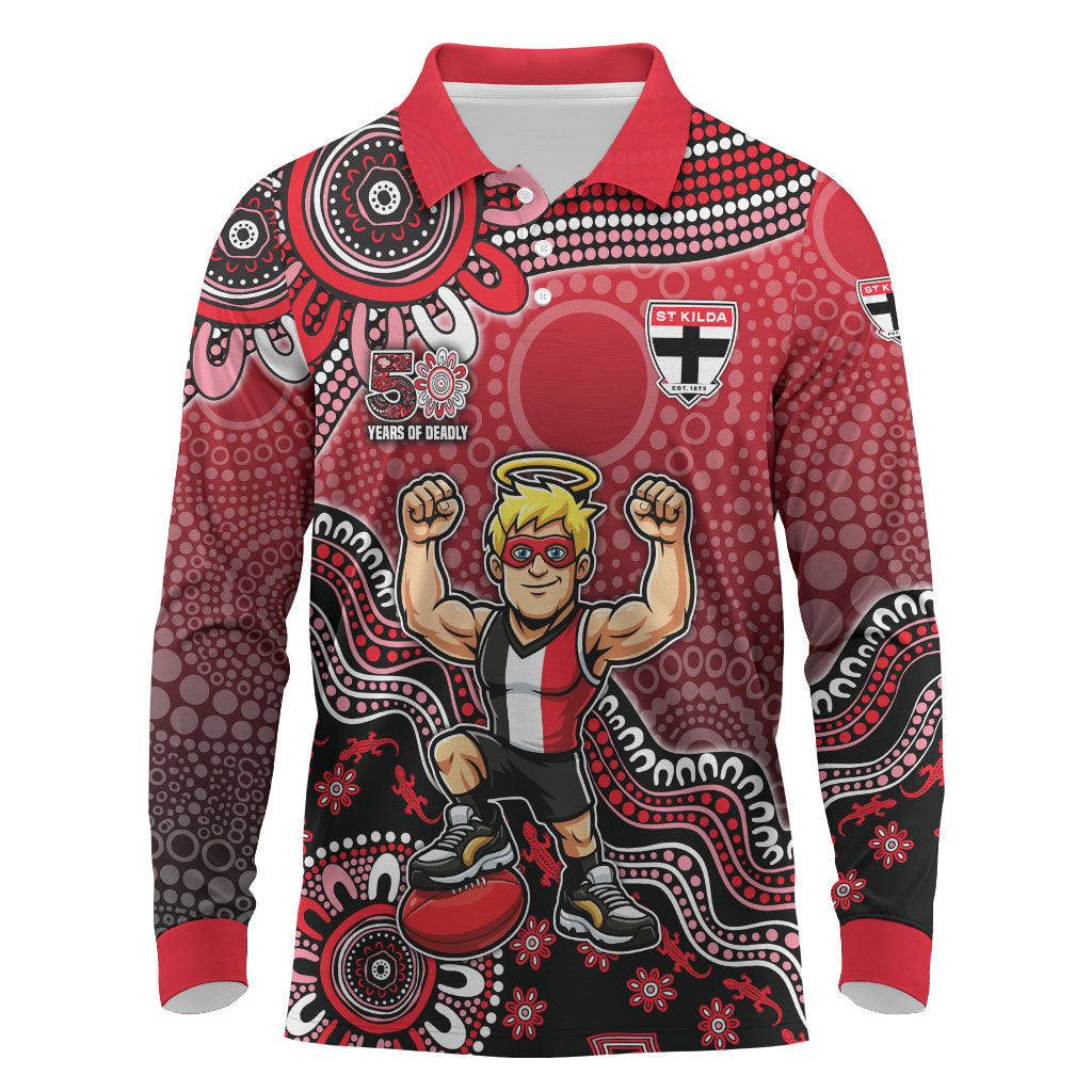 Personalized St Kilda Saints Football Mascot Long Sleeve Polo Shirt Aboriginal Dot Art Style Vibrant Indigenous Pattern Design