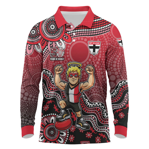 Personalized St Kilda Saints Football Mascot Long Sleeve Polo Shirt Aboriginal Dot Art Style Vibrant Indigenous Pattern Design