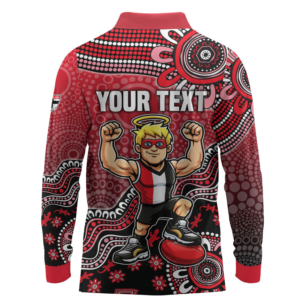Personalized St Kilda Saints Football Mascot Long Sleeve Polo Shirt Aboriginal Dot Art Style Vibrant Indigenous Pattern Design