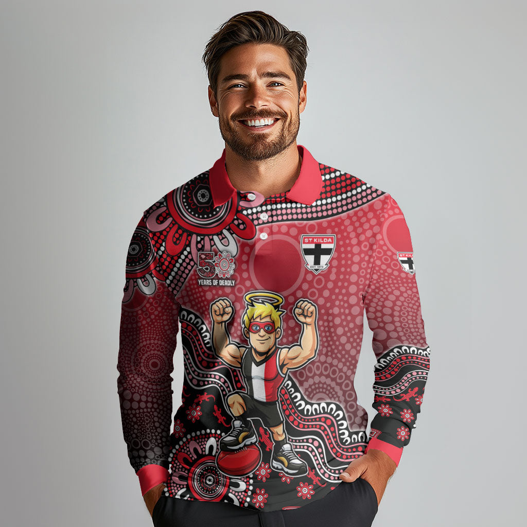 Personalized St Kilda Saints Football Mascot Long Sleeve Polo Shirt Aboriginal Dot Art Style Vibrant Indigenous Pattern Design