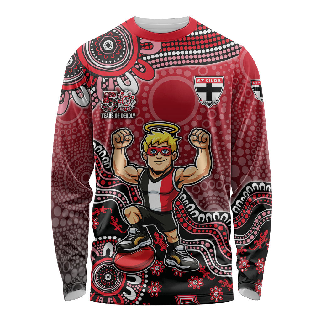 Personalized St Kilda Saints Football Mascot Long Sleeve Shirt Aboriginal Dot Art Style Vibrant Indigenous Pattern Design