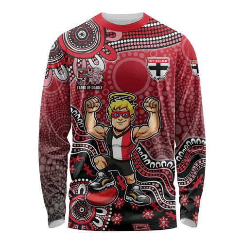 Personalized St Kilda Saints Football Mascot Long Sleeve Shirt Aboriginal Dot Art Style Vibrant Indigenous Pattern Design