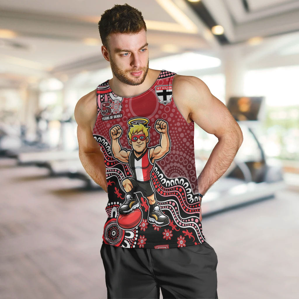Personalized St Kilda Saints Football Mascot Men Tank Top Aboriginal Dot Art Style Vibrant Indigenous Pattern Design