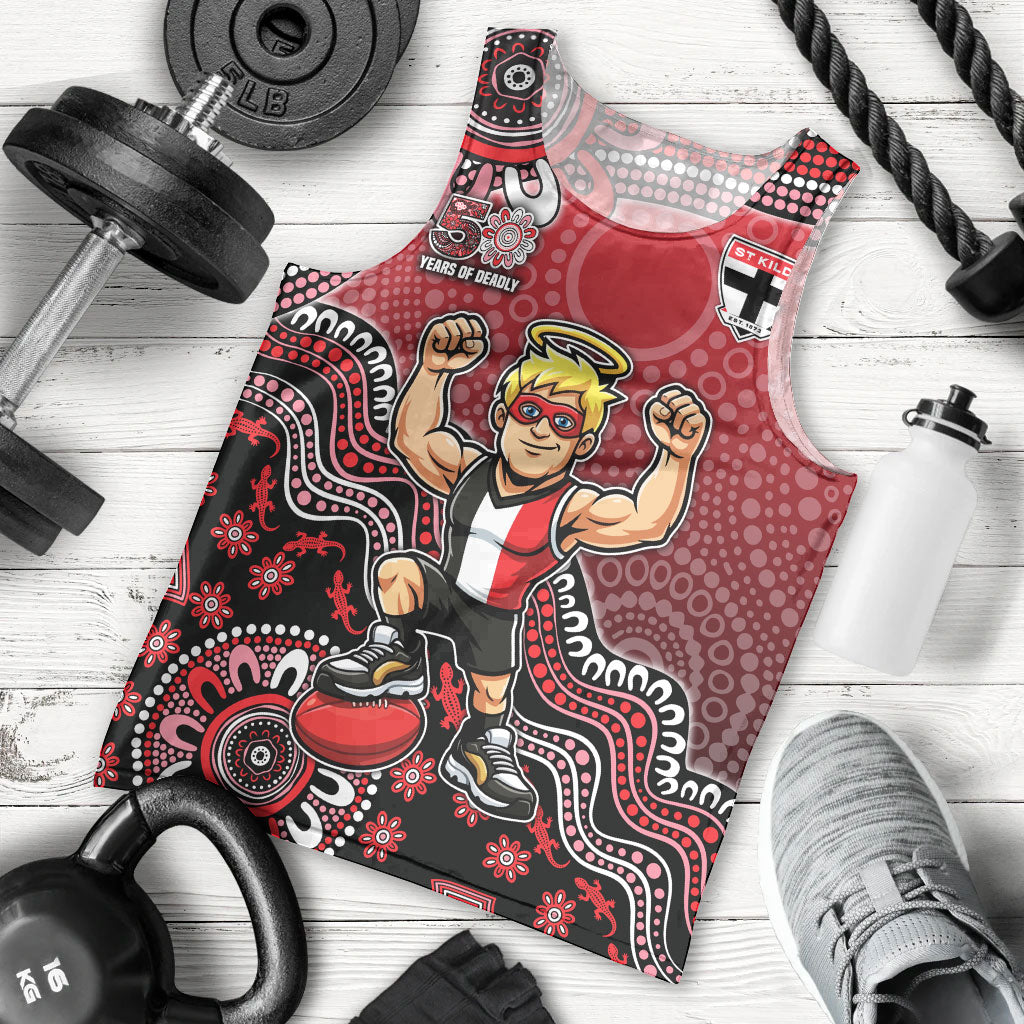 Personalized St Kilda Saints Football Mascot Men Tank Top Aboriginal Dot Art Style Vibrant Indigenous Pattern Design