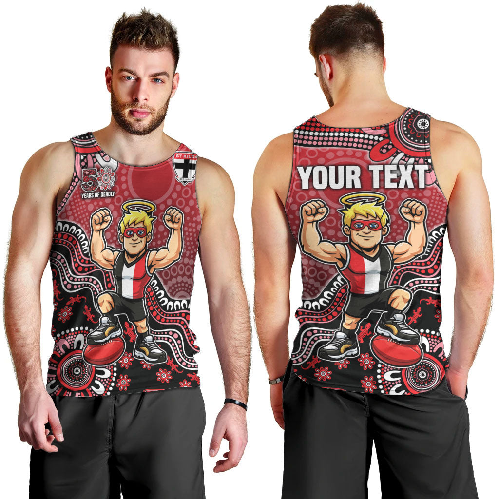 Personalized St Kilda Saints Football Mascot Men Tank Top Aboriginal Dot Art Style Vibrant Indigenous Pattern Design