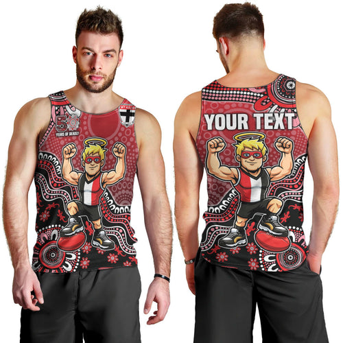 Personalized St Kilda Saints Football Mascot Men Tank Top Aboriginal Dot Art Style Vibrant Indigenous Pattern Design