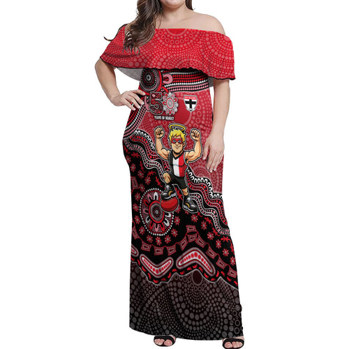Personalized St Kilda Saints Football Mascot Off Shoulder Maxi Dress Aboriginal Dot Art Style Vibrant Indigenous Pattern Design