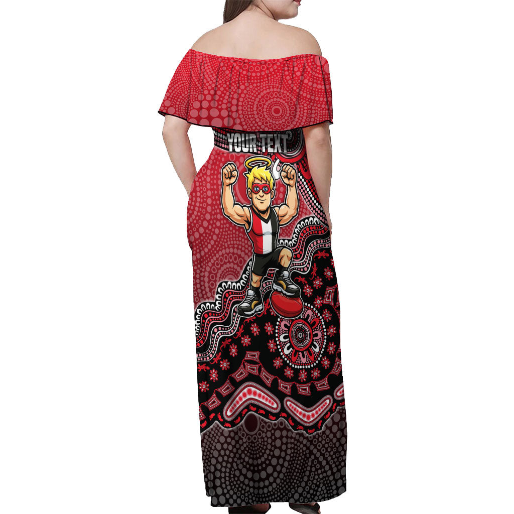 Personalized St Kilda Saints Football Mascot Off Shoulder Maxi Dress Aboriginal Dot Art Style Vibrant Indigenous Pattern Design