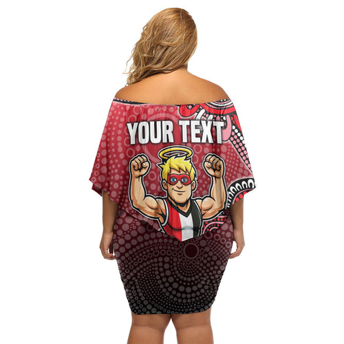 Personalized St Kilda Saints Football Mascot Off Shoulder Short Dress Aboriginal Dot Art Style Vibrant Indigenous Pattern Design