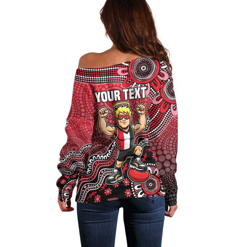 Personalized St Kilda Saints Football Mascot Off Shoulder Sweater Aboriginal Dot Art Style Vibrant Indigenous Pattern Design