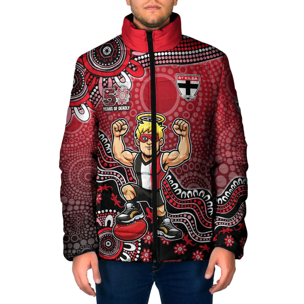 Personalized St Kilda Saints Football Mascot Padded Jacket Aboriginal Dot Art Style Vibrant Indigenous Pattern Design
