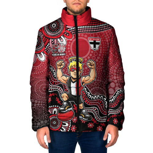 Personalized St Kilda Saints Football Mascot Padded Jacket Aboriginal Dot Art Style Vibrant Indigenous Pattern Design