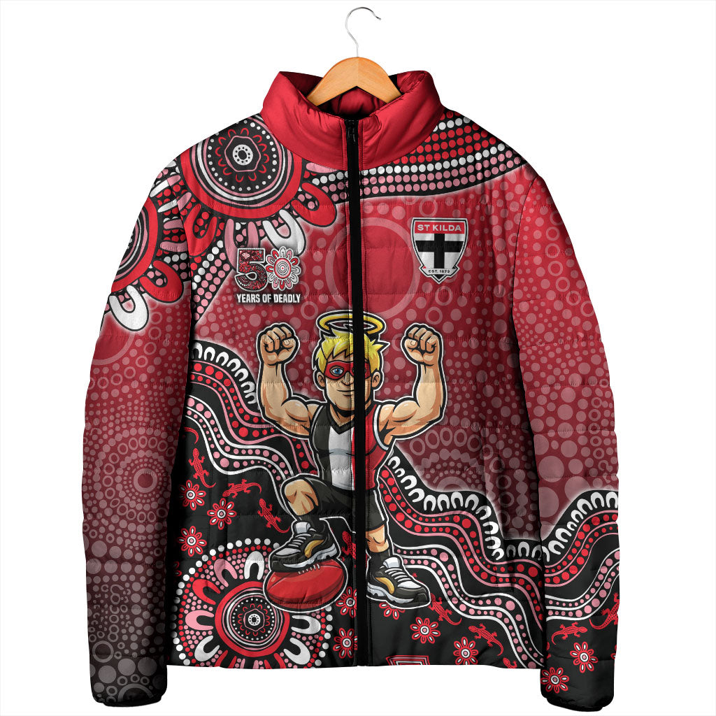 Personalized St Kilda Saints Football Mascot Padded Jacket Aboriginal Dot Art Style Vibrant Indigenous Pattern Design