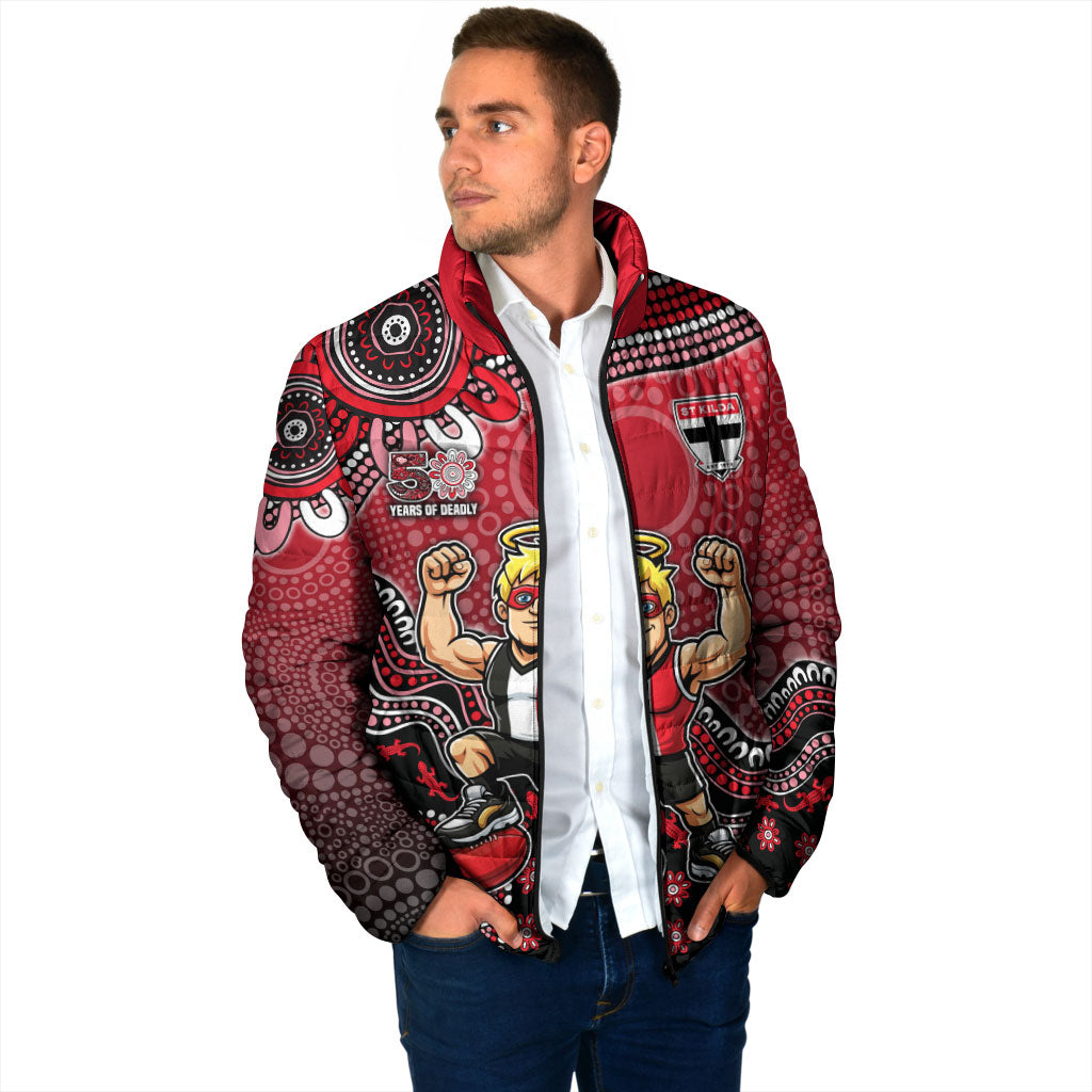 Personalized St Kilda Saints Football Mascot Padded Jacket Aboriginal Dot Art Style Vibrant Indigenous Pattern Design