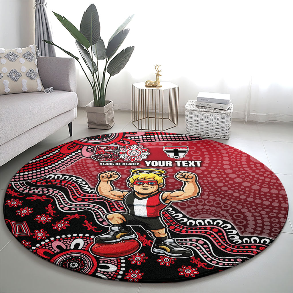Personalized St Kilda Saints Football Mascot Round Carpet Aboriginal Dot Art Style Vibrant Indigenous Pattern Design