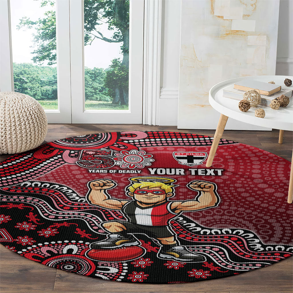 Personalized St Kilda Saints Football Mascot Round Carpet Aboriginal Dot Art Style Vibrant Indigenous Pattern Design