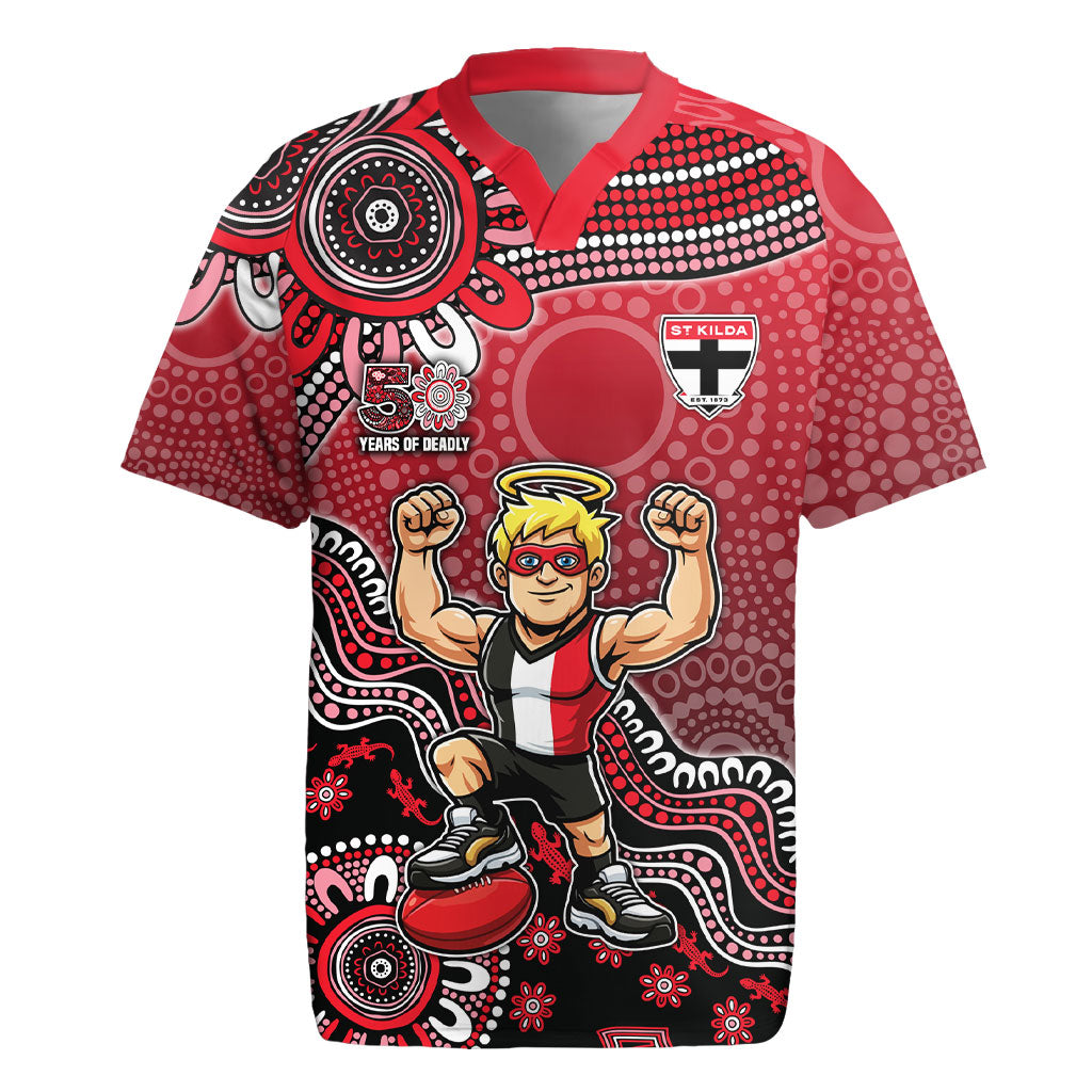 Personalized St Kilda Saints Football Mascot Rugby Jersey Aboriginal Dot Art Style Vibrant Indigenous Pattern Design