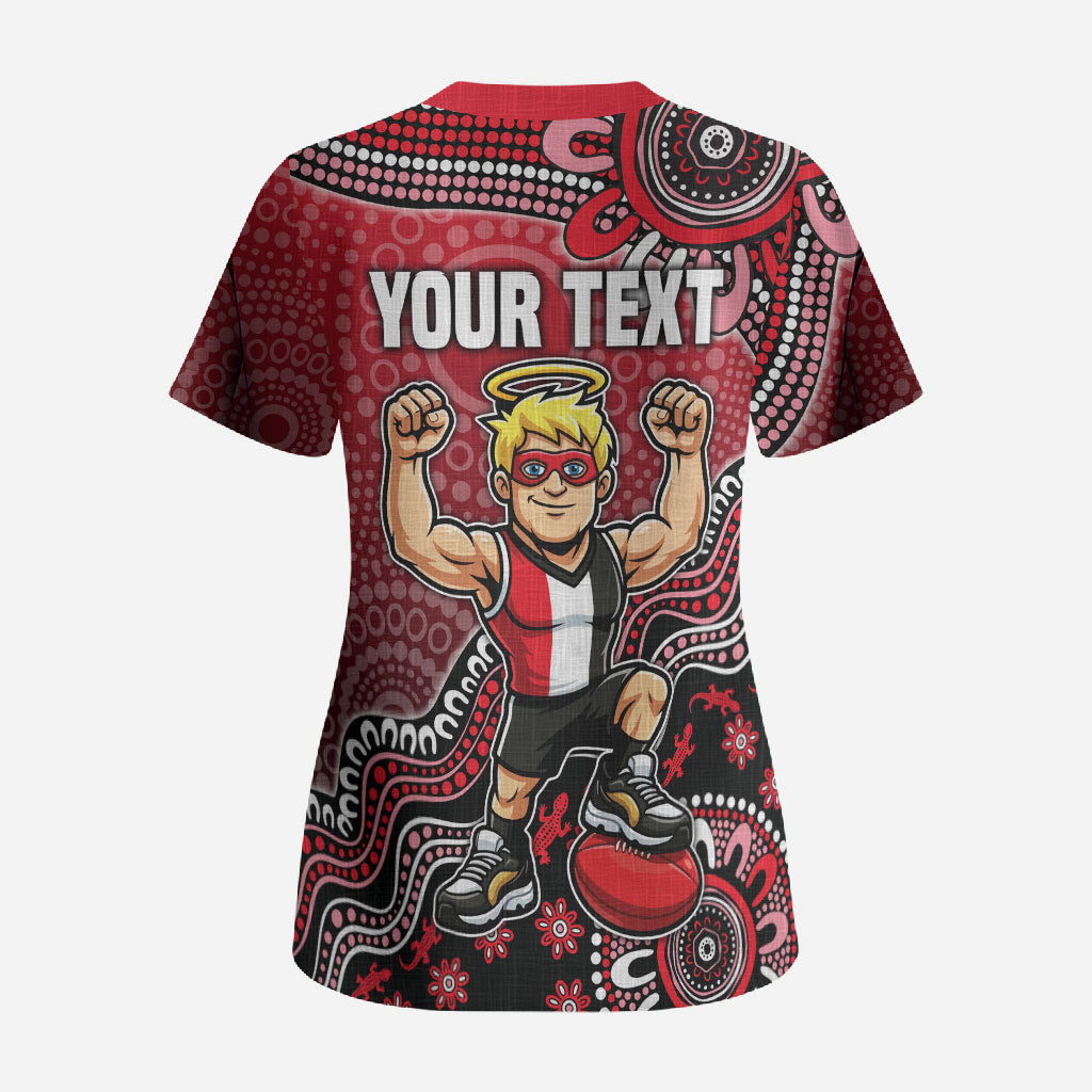 Personalized St Kilda Saints Football Mascot Scrub Top Aboriginal Dot Art Style Vibrant Indigenous Pattern Design